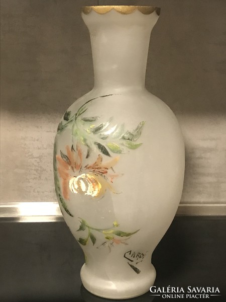 Antique hand-painted, signed acid-etched glass vase, 42 cm high