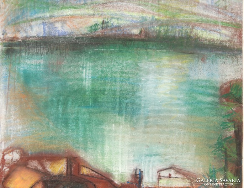 Magyar művész: Falu a Duna mentén - pasztell festmény, keretezve