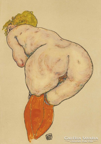 Egon Schiele Női akt hátulról, narancs színű harisnyával REPRINT művészeti nyomat