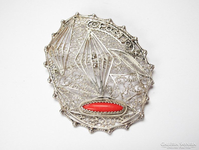 Filigree silver brooch with coral, opatija.