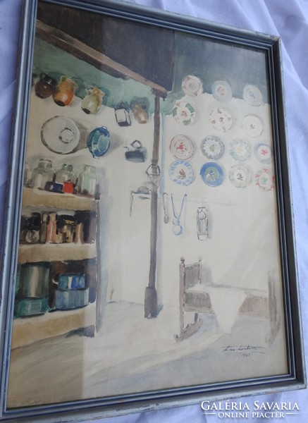 Lina lentini - with room interior cradle - large watercolor from 1942