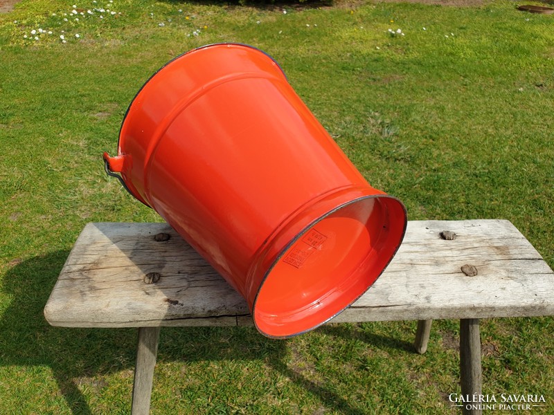 Enameled old vintage water bucket enameled blue red footed bucket jug