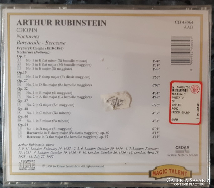 ARTHUR RUBINSTEIN CHOPIN MŰVEKET ZONGORÁZIK    CD