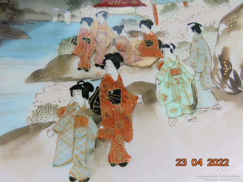 Meiji művésziesen festett sokalakos életkép panorámás tájjal kávés szett látványos kézi jelzéssel