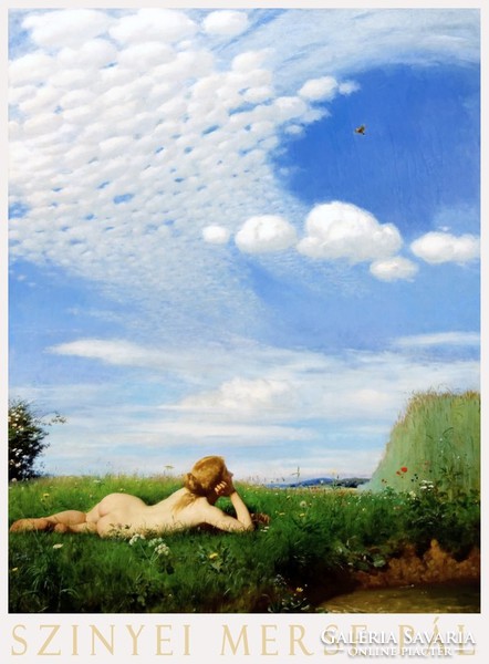Szinyei merse paul sparrow 1882 art poster, female nude summer field with blue sky clouds