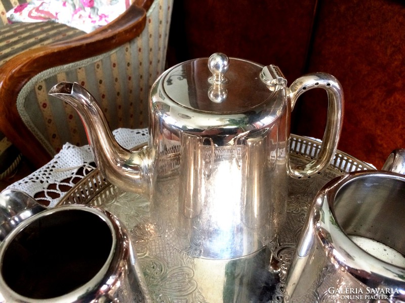 Gyönyörű, antik, Sheffield, csillogó, ezüstözött tea vagy kávé szervírozó készlet, elegáns tálcán