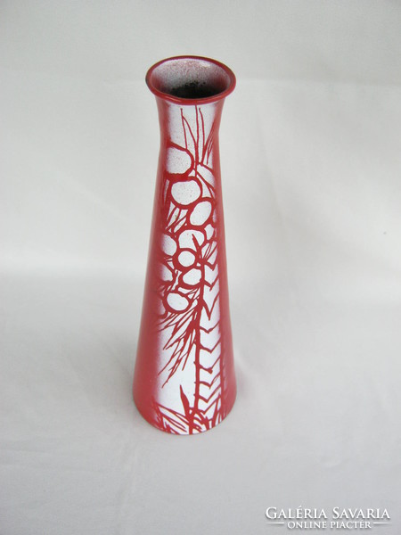 Red and white enamel enameled metal retro vase