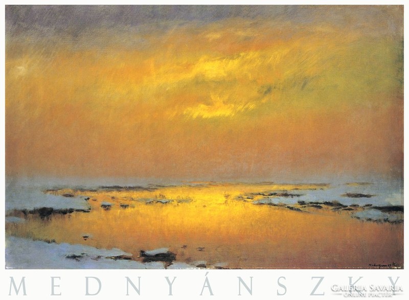 László Mednyánszky winter river, art poster, snowy river bank sunset classic Hungarian painters