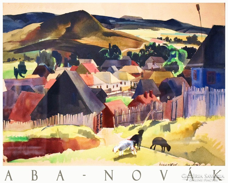 Aba-novák vilmos zsögöd circa 1935, art poster, rural village landscape Harghita Transylvania