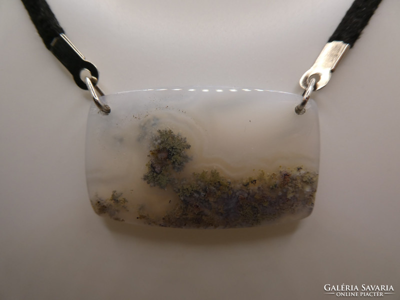 Natural dendritic chalcedony moss agate pendant necklace with nickel-free jewelry on leather thread.
