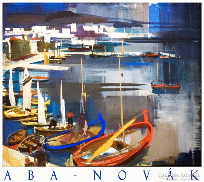 Aba-Novák Vilmos Olasz tengerpart 1930, művészeti plakát, mediterrán Adria kikötő vitorlás kisváros