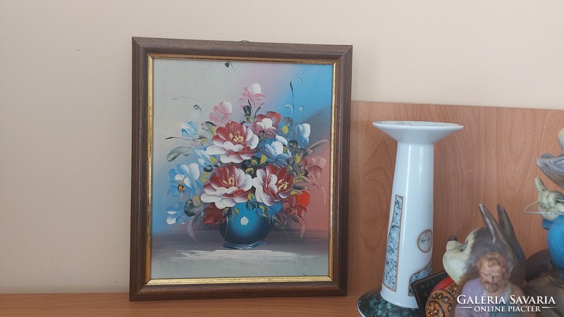 (K) Szép kisebb méretű  virágcsendélet festmény 27x23 cm kerettel