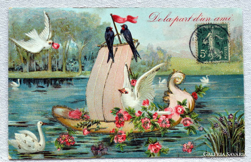 Antik dombornyomott glitteres romantikus üdvözlő képeslap  madarak vitorlás tavon