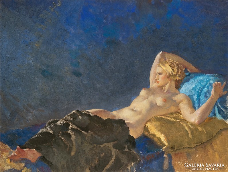 Fekvő női akt, szőke lány, kék háttér, akvarellről készült művészeti reprint erotikus nyomat