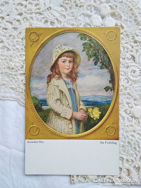Antique German postcard / art card, little girl in a hat with flowers circa 1910