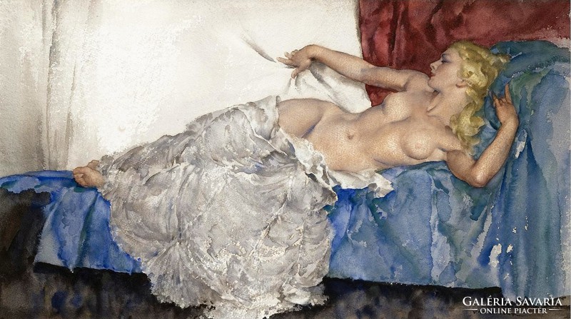 Fekvő női akt, kék kanapé, akvarellről készült művészeti reprint erotikus nyomat