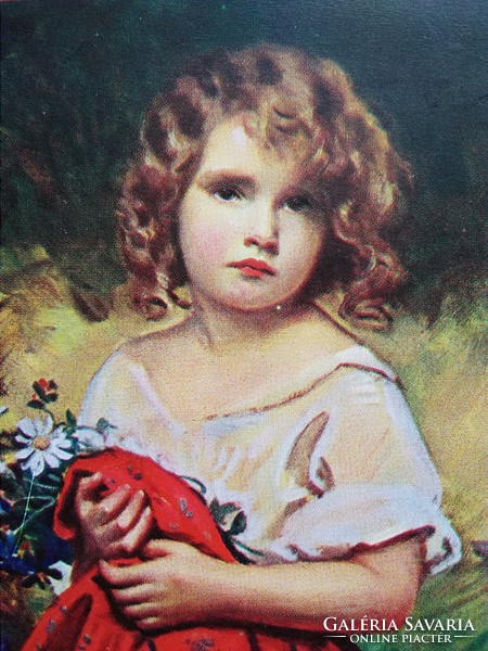 Gyönyörű antik képeslap/művészlap, kislány virágokkal, piros ruhával 1910-20 körüli
