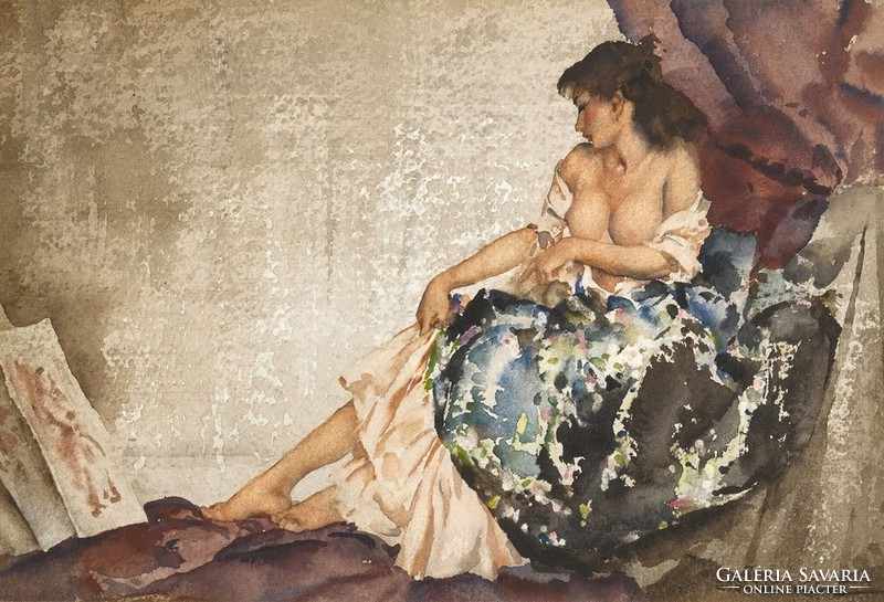 Sitting female nude, creole latin girl, watercolor art reprint print