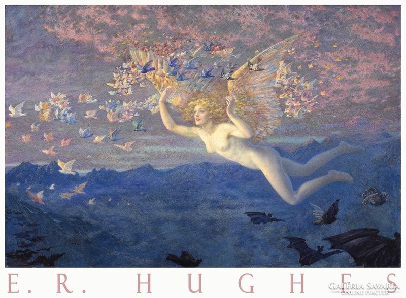 Edward Robert Hughes in the Morning Wings 1905 Art Poster, Winged Flying Female Nude Birds Landscape