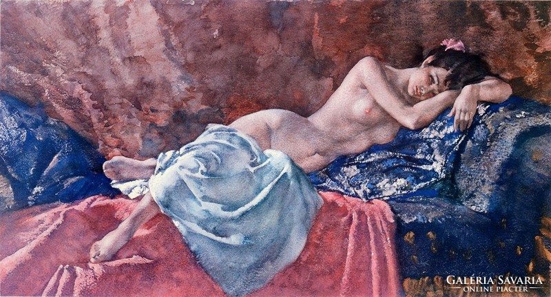 Lying female nude on blue-red sofa, watercolor art reprint print