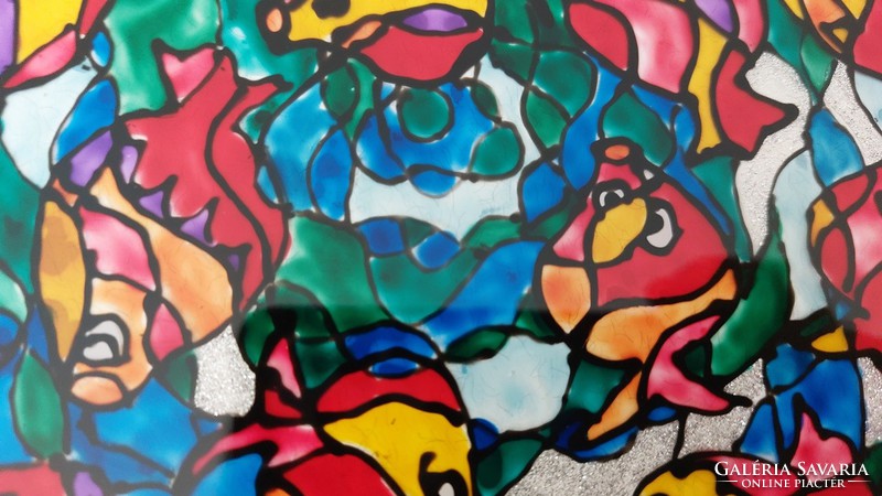 (K) Absztrakt halas üvegfestmény 29x29 cm kerettel