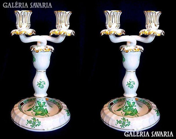 Pair of Herend green apony pattern candlesticks