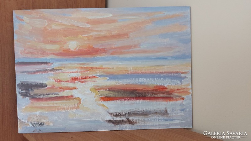 (K) Jelzett naplemente festmény 40x29 cm. Vászon farostlemezen.