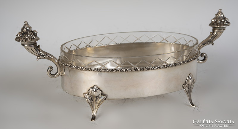 Silver boat bowl with stylized cornucopia pliers