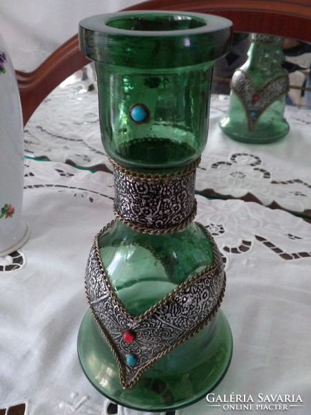 Green glass vase, decorated with stones, shisha 23 cm