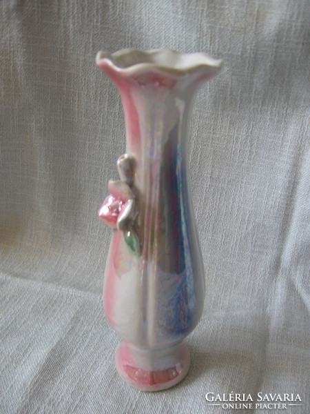 Shabby chic romantikus  plasztikus rózsás lüszteres kék-rózsaszín kínai váza