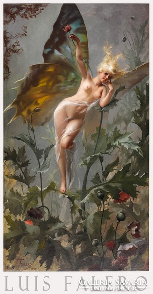 Luis falero butterfly lady 1888 painting art poster, standing female nude fantasy mythology fairy