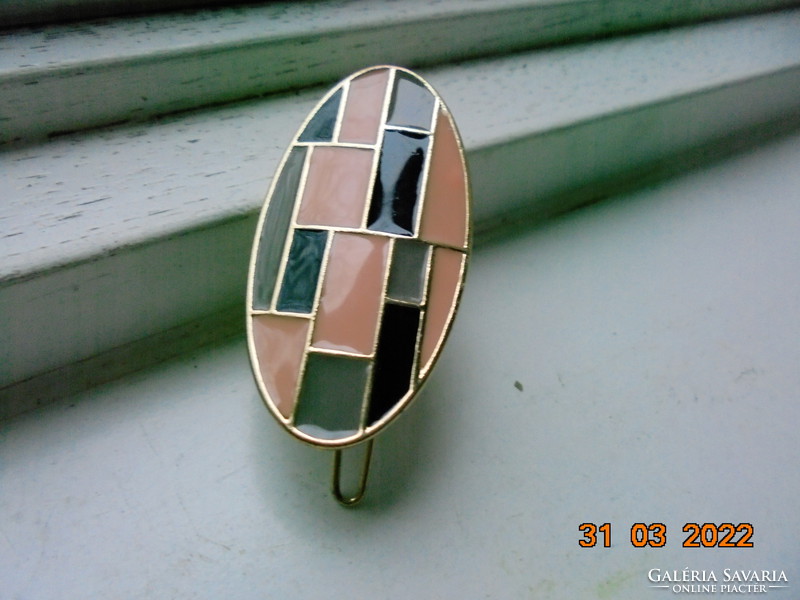 Art deco multicolored fire enamel hair ornament on textured gilded back