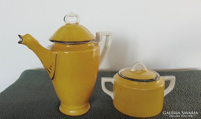 Old marked, special porcelain jug with bird-shaped spout and sugar bowl
