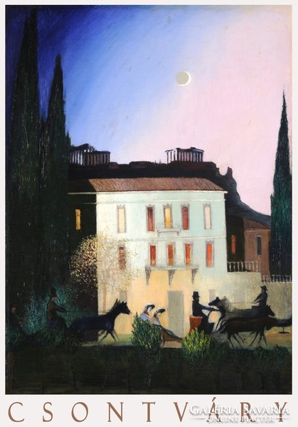 Csontváry carriage ride at the new moon in athens 1904 art poster, mediterranean street night horse-drawn carriage