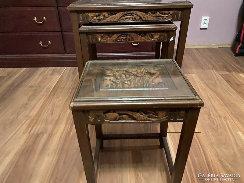Richly carved Chinese tea table set