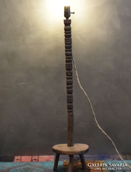 Rustic peasant carved floor lamp recycled, with textile cable, antique bulb socket