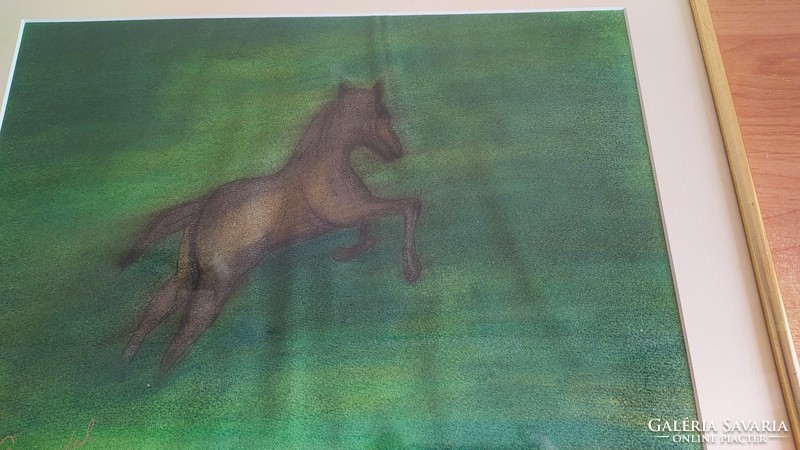 (K) Szignózott lovas festmény 91-ből   50x40 cm kerettel