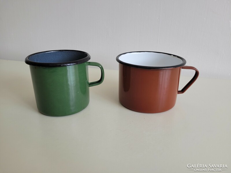 Old vintage 2 green and brown large enamel enameled metal mug utensils