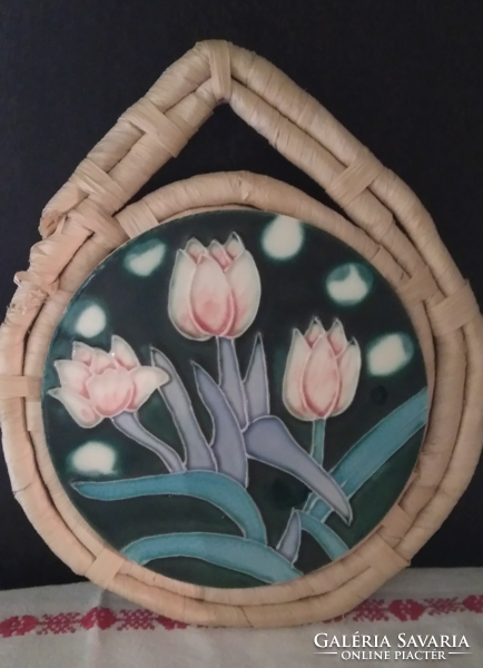 Tile picture! Wall ornament! Pink tulips in a wicker raffia frame