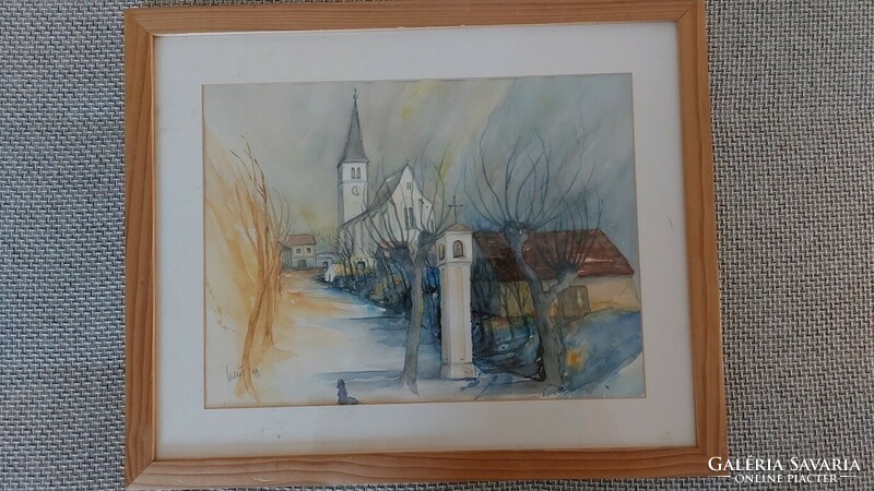 (K) watercolor village detail painting 53x44 cm