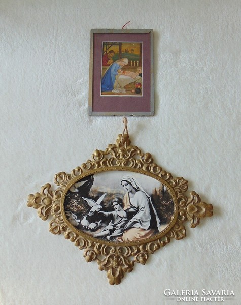 Mary with child, antique small religious pictures together, 2 pcs
