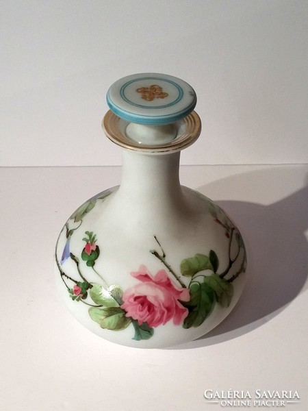 XIX.sz Festett Aranyozott Bieder Palack Virágmintával Antik Biedermeier Üveg Üvegpalack Rózsa