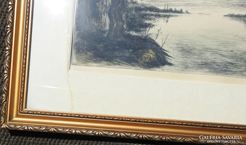 István Élesdy - river bank - etching - framed