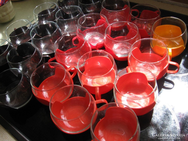 Retro  Space Age 2 dl-es hőálló jénai poharak színes műanyag tartóban