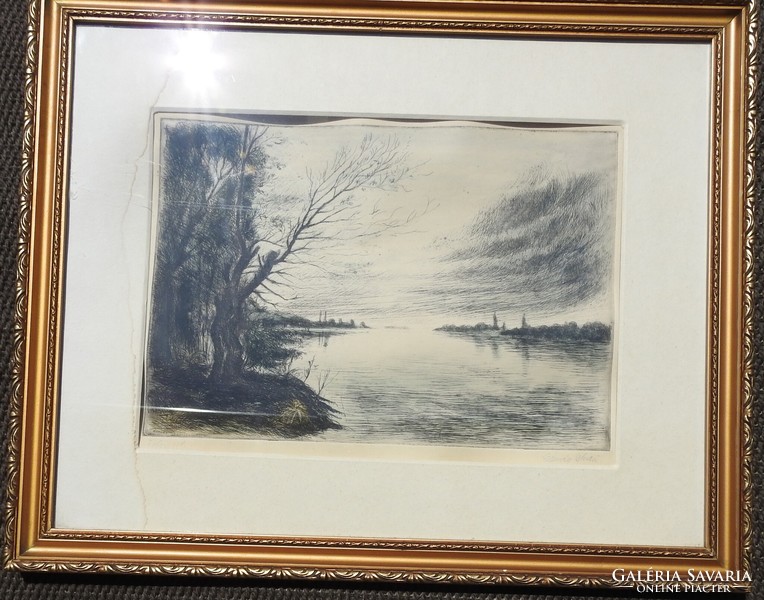 István Élesdy - river bank - etching - framed