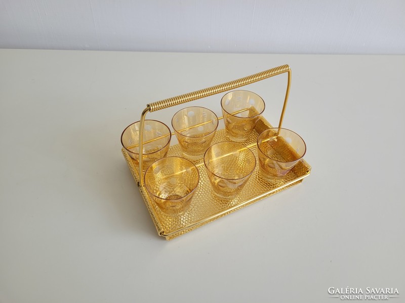 Retro régi arany színű pöttyös italos készlet pohárkészlet tartóval mid century