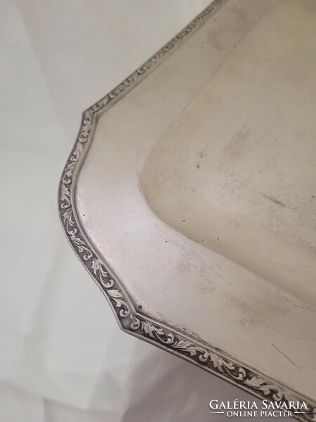Antik, ezüst négyzetes alakú szerviztálca díszes peremmel
