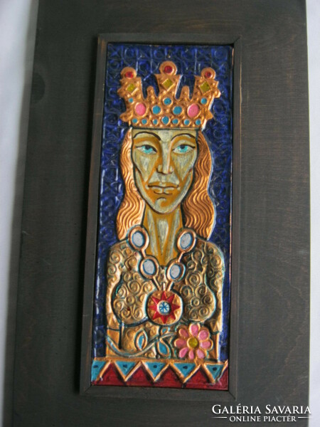 Iparművész festett tűzzománc díszítésű réz falidísz fali kép királynő királylány