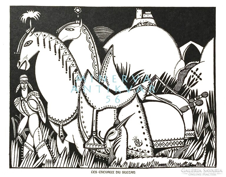 A. De souza-cardoso the sultan's horses 1912 art deco ink drawing reprint print, horse rider horse tool ornament