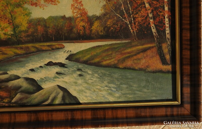 Unknown artist - forest stream with oil / wood painting - marked - wood inlaid Biedermeier frame